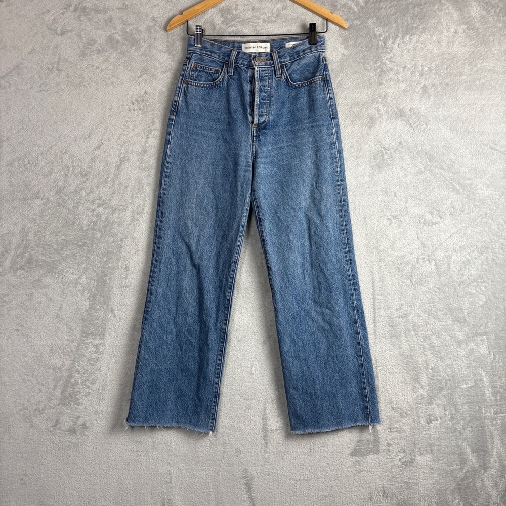 Denim Forum Jeans The Farrah High Rise Wide Leg 25 Blue Raw Hem Minimalist
